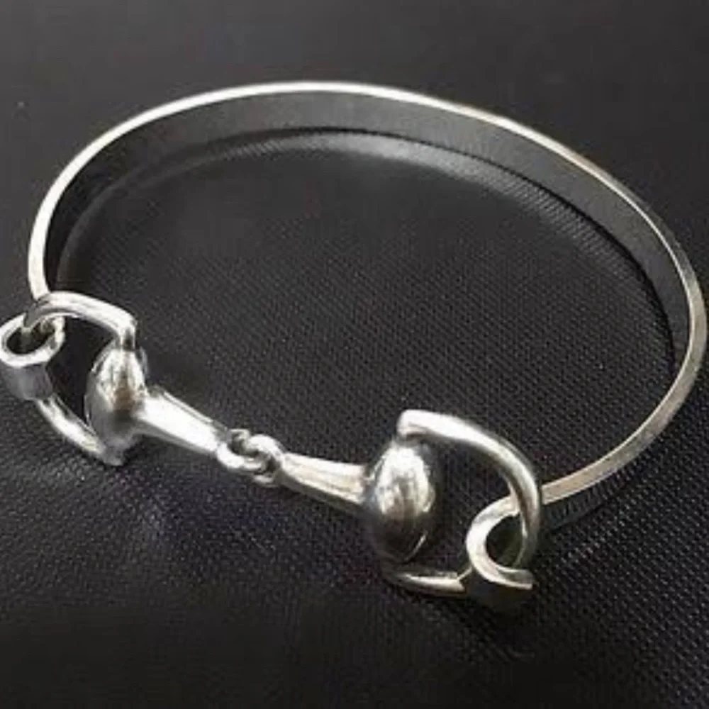 Sterling Silver HorseBit Design Unisex Bangle Bracelet - Picture 9 of 11